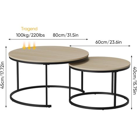 Zweiteiliges, ineinander schiebbares Couchtisch-Set, Eichenfurnier, runder Couchtisch mit einem Durchmesser von 80 cm, Metallgestell, moderner Stil, geeignet für Wohnzimmer, Schlafzimmer, Balkon. (1/5)