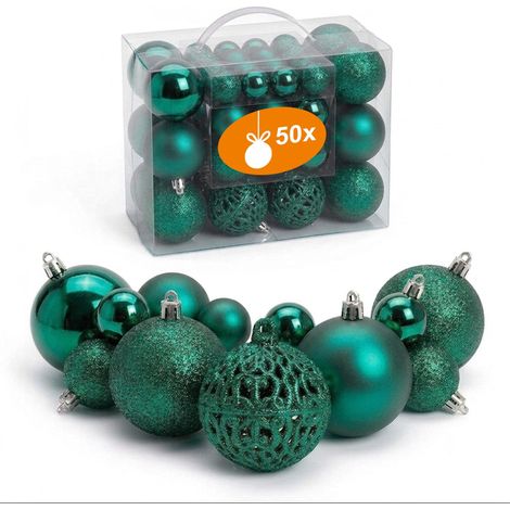 Kunststoff Christbaumkugel Set 50-teilig bruchsicher - grün - Design Weihnachtskugeln inklusive Metall Haken