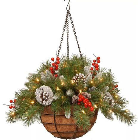 Panier suspendu de Noël artificiel avec branche de pomme de pin givrée blanche et baies, guirlande lumineuse, décoration de collection de Noël YMYNY (1/5)