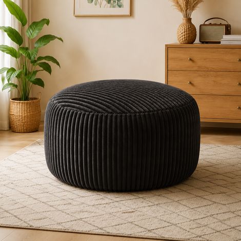 Poltrona pouf rotonda in corduroy nero, imbottitura in cubi di memory foam ad alto rimbalzo (1/5)