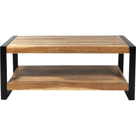 Made In Meubles – Table basse fixe en bois d'acacia 100 cm – Double-plateau pour rangement – Structure métallique noire – Style industriel (1/5)