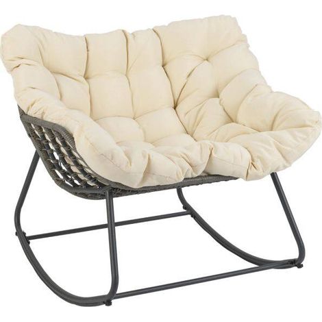 Fauteuil uf à bascule extérieur beige en métal avec coussin épais amovible et rotin PE tressé pour terrasse jardin et balcon