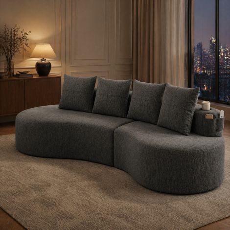 Sofá de lino con 4 cojines, portavasos y bolsillo lateral, 240 x 109 x 63 cm, gris oscuro HAVRYA (1/5)