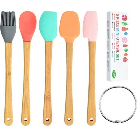 Ensemble de 5 mini spatules en silicone avec manche en bois, résistantes à la chaleur, pour la cuisine, la pâtisserie et le mélange au quotidien. (1/5)