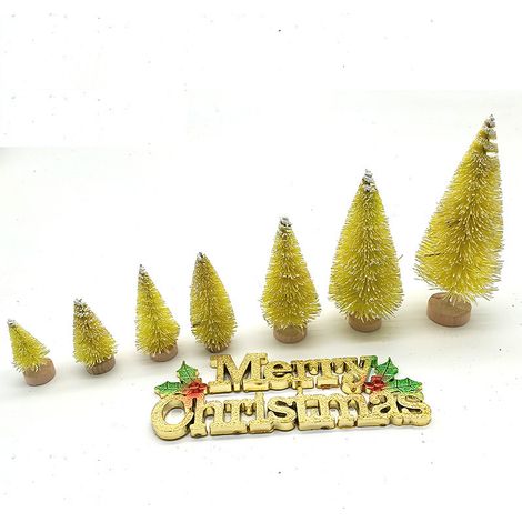 Mini sapin de Noël, décoration de bureau à faire soi-même, aiguilles de pin enneigées, couronne de Noël, mini sapin de Noël - Sapin en chanvre jaune de 10 cm -