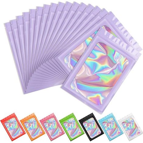 100 bolsas mylar holográficas prueba olores, bolsas aluminio cierre hermético almacenamiento alimentos empaques brillo labial, Morado, 10.5x15cm (1/5)
