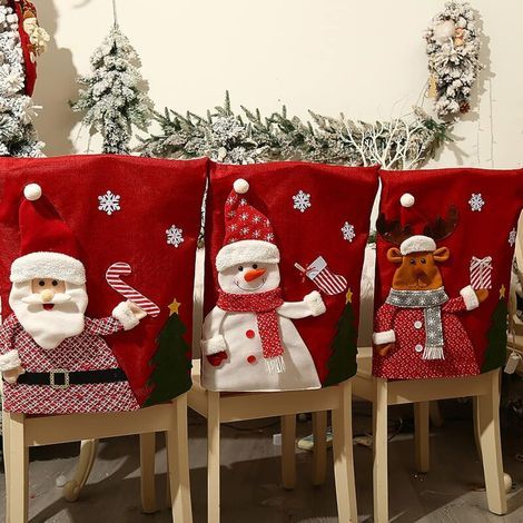 Set of 3 Red Christmas Chair Covers with Santa Hat Snowman Reindeer Kitchen