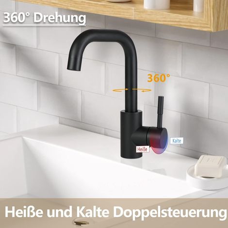 GBLY Wasserhahn Bad Waschtischarmatur Waschbecken Schwarz Matt - Armatur 360°Drehbar Kalt- Warmwasserhahn Hochdruck Mischbatterie Badarmatur Waschbeckenarmatur für Badezimmer WC Spüle Küche