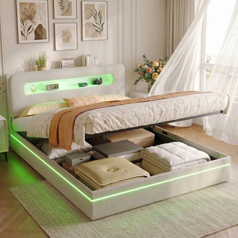 Lit double 160x200 cm – Lit adulte – Éclairage LED – Lit coffre – port USB et électriques –  Sommier à lattes – Velours beige (1/5)