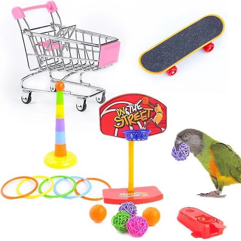 Ensemble de 4 jouets pour perroquets : basket-ball, skateboard, jouet à empiler, chariot en métal (1/4)