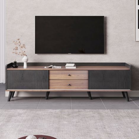 Mobile TV 160 cm, rettangolare, con 2 porte scorrevoli, 2 cassetti di stoccaggio, mensola, stile Scandinavo, mobile da soggiorno in legno - Nero