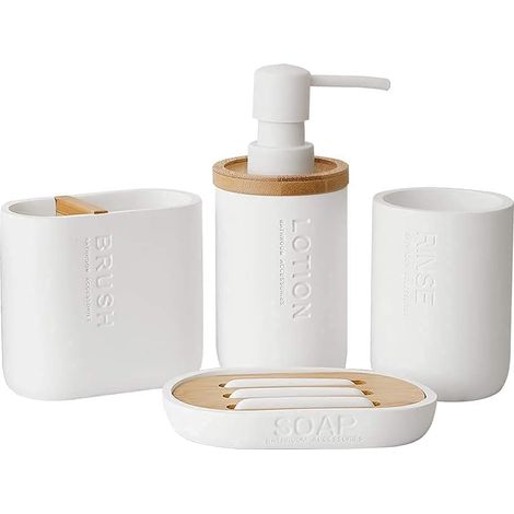 Distributeur de savon en bambou - Avec porte-savon décoratif - Des accessoires en bois et en bambou : gobelet à brosse à dents, porte-savon (blanc) (1/5)