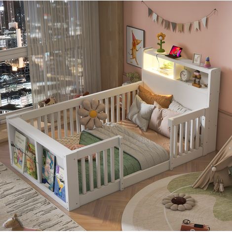 Lit enfant 90 x 190 cm avec barrière haute, USB et veilleuse, rangement, blanc (1/5)