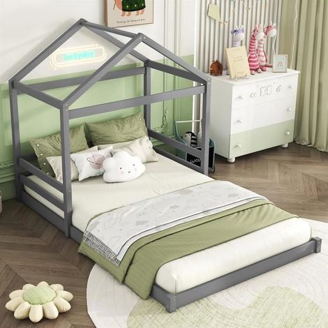 Lit d'enfant, gris, sans matelas, 140 x 200 cm, forme de maison, pin, style minimaliste