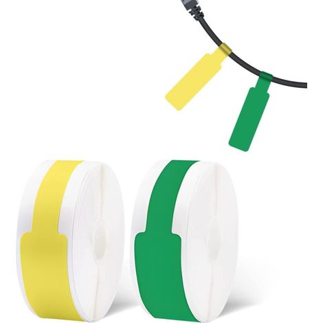 D11Bande d'étiquette de Câble,【Jaune + vert】 Rouleau de papier d'étiquettes 0,5" x 4,3", autocollant étanche pour bureau à domicile, 12,5 mm x 109 mm, 130 étiquettes/rouleau, 2 rouleau (1/4)