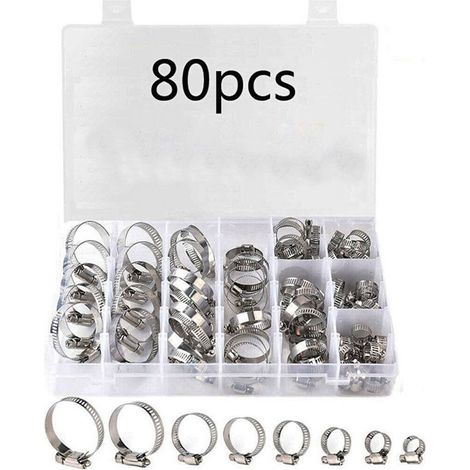 Abrazadera de manguera de acero inoxidable, caja de 80 piezas, abrazadera para tubería de garganta, junta de tubería de agua, juego de abrazaderas de manguera americanas de una sola oreja. (1/5)