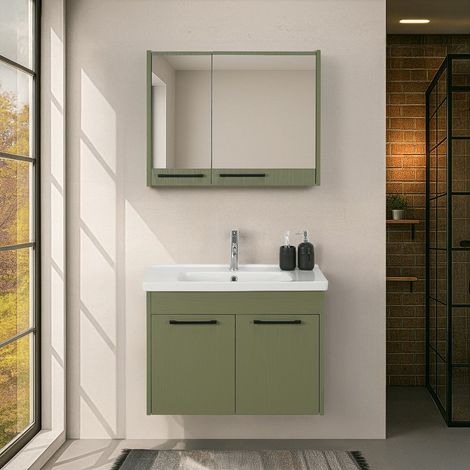Mobile bagno sospeso 80 cm verde effetto legno con armadietto a specchio Sofia (1/5)