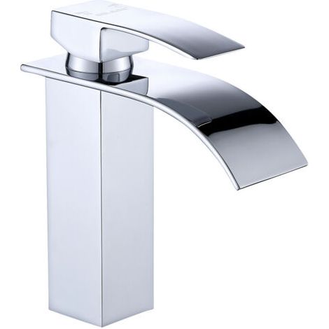 Silber lackierte Wasserfallarmatur für Aufsatzwaschbecken, warm und kalt, Badezimmerschrank, Einlochbatterie, Waschbeckenarmatur mit Wasserfall, Wasserfall-Mischbatterie, Einloch-Badezimmerarmatur aus (1/5)