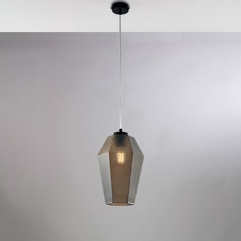 Sospensione in ferro laccato nero con cavo elettrico regolabile e diffusore in vetro soffiato grigio specchiato con decoro in rilievo 1 luce H.35 - MAX 135 - Ø20