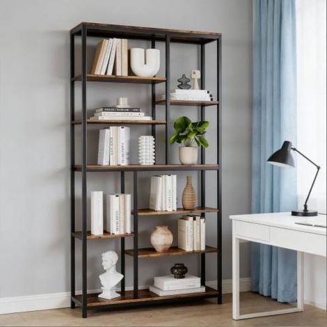 Libreria 100x30x200 cm, design a livelli con retro aperto, stile industriale, metallo e pannello truciolare, nero marrone rustico (1/5)