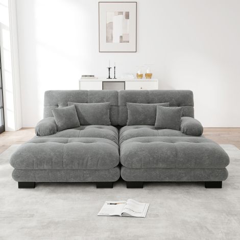 Cloud Ecksofa für Wohnzimmer, Chenille Doppelsofa mit 2 Lendenkissen und 2 Dekokissen, Polstersofa mit breiten Armlehnen und 2 Ottomans, Chenille Grau 
WL
