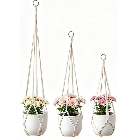 Suspension Macramé Pour Plantes - Coton Tissé Blanc Ivoire - Décoration Intérieure Et Extérieure - Lot De 3 (1/5)