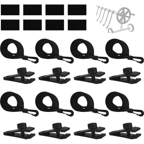 24pce Kit Fixation pour Enrouleur Bâche Solaire Piscine, Sangles pour Bâche Solaire de Piscine Creusée Comprend 8 Sangles à Crochets Clips et 8 Attaches Auto-Agrippantes (1/5)