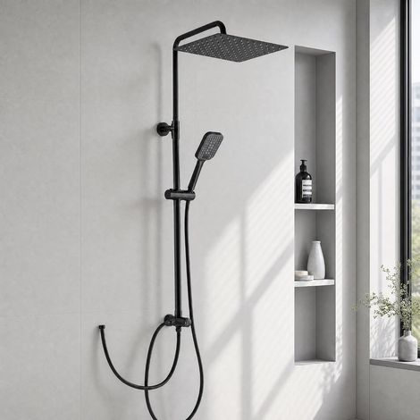 Colonne de Douche Acier Inoxydable, Tete de Douche Carré 25 cm, Noir (1/5)