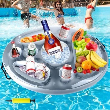 Porte-gobelet flottant gonflable (argenté), plateau flottant 2 en 1 pour boissons, porte-bouteille flottant pour piscine et fêtes d'été (1/4)