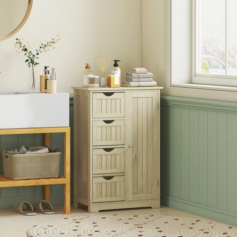 Meuble de salle de bain colonne étroite avec 4 tiroirs et étagère réglable, style moderne, 56 x 30 x 83 cm, bois naturel (1/5)