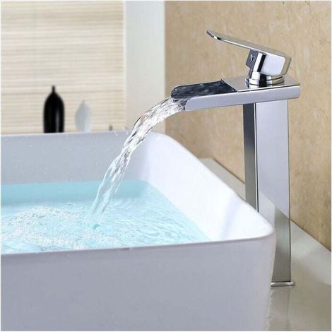 Wasserfall-Waschtischarmatur, Hochauslauf-Waschtischarmatur, verchromter Edelstahlkorpus, modernes Design (1/4)