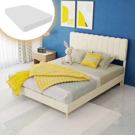 Lit rembourré moderne minimaliste avec tête de lit douce, 140 x 200 cm, beige, mobilier de chambre multifonction, base basse sans rangement, matelas 140 x 200 cm inclus.