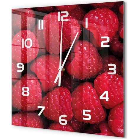 Grande Horloge Murale Carrée Décoration Cuisine en Verre Trempé Silencieuse Moderne Framboises 60x60 cm (1/5)