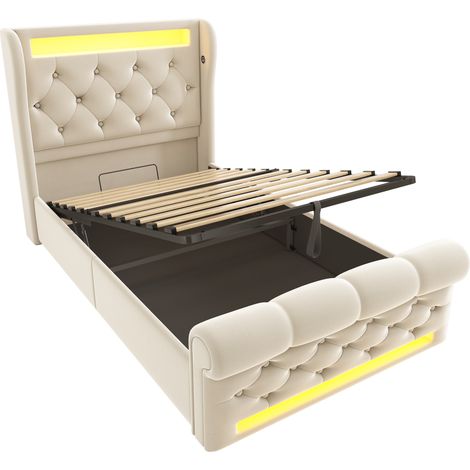 Lit capitonné moderne simple 90x200 cm, lit capitonné avec lumières LED, tête de lit de rangement avec ports USB et Type-C, lit de rangement hydraulique, beige, velours (sans matelas) (1/5)