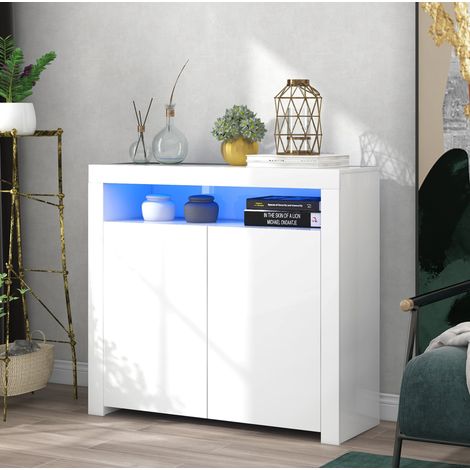 Aparador de madera blanco brillo con LED, 2 puertas y hueco abierto, 108 x 40 x 92 cm (1/5)