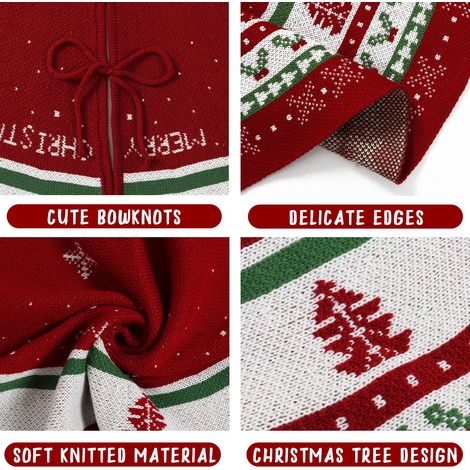 Gonna per albero di Natale, 90 cm, grande, in maglia rossa e verde, con fiocco di neve, rotonda, copripiedi per decorazioni natalizie per interni ed esterni. (1/4)