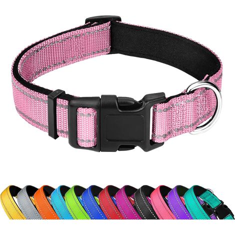 Collier réfléchissant pour chien, réglable, en nylon souple rembourré de néoprène avec boucle, pour grands chiens, rose clair, taille L (1/5)