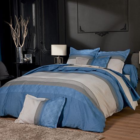 Housse de couette satin de coton géométrique Bleu 240x220 cm