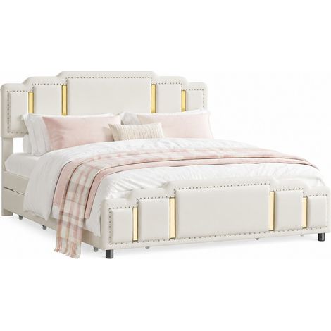 Cama matrimonial tapizada 140 x 200 cm en terciopelo beige con cajones, luces LED y detalles dorados (1/5)