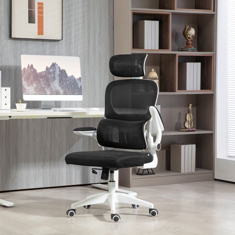 Fauteuil de bureau pivotant avec appui-tête et hauteur réglables. Accoudoirs rabattables et inclinaison. Noir.