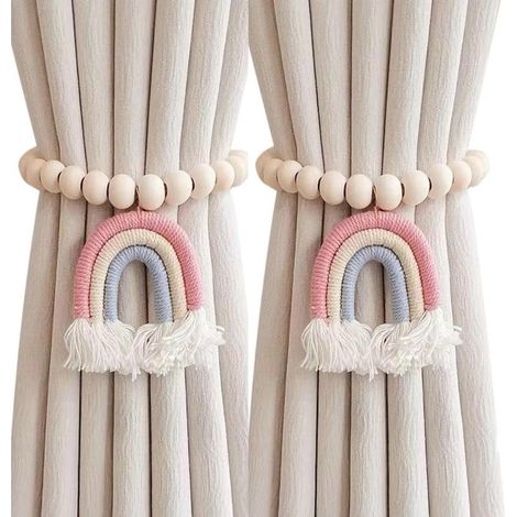 2PCS Rideau embrasses dos, embrasses de Rideau avec pendentif pompon arc en ciel, cravates en bois perlé pour rideaux, pas de poinçonnage Rideau retenues traitement de fenêtre pour chambre à cou (1/4)