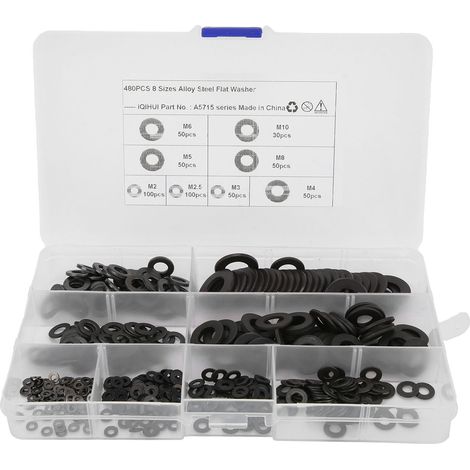 480 rondelles plates assorties M2 M2.5 M3 M4 M5 M6 M8 M10 en acier carbone pour bricolage auto maison (1/5)