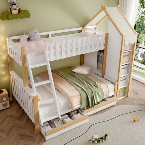 Lit superposé 90/140x200cm, lit enfant avec barrière de sécurité, échelle et 2 tiroirs, blanc+naturel, en bois, sans matelas (1/5)