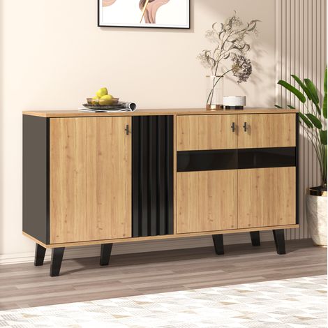 Credenza 140x41x78,5 cm con illuminazione LED e 3 ante portaoggetti, in truciolare, naturale e nero (1/5)