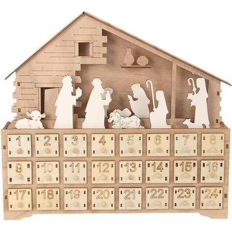 Calendrier de l'Avent de Noël 2025 en bois avec lumières LED, 24 tiroirs de rangement, compte à rebours et 24 décorations, crèche (1/5)