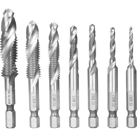 Set mit 7 HSS-Gewindebohrern (metrisch) M3 bis M12, 1/4"-Schnellwechsel-Schraubendreherbits.