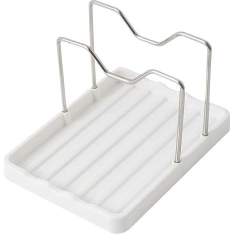 Pratico porta coperchi con vassoio raccogligocce e poggia-cucchiaio per pentole e padelle, ideale per il piano di lavoro e la dispensa. (1/5)