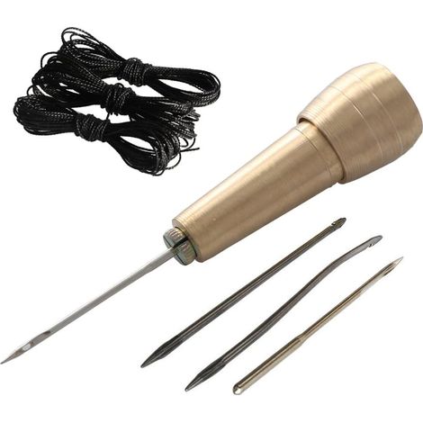 Poignée de cuivre 4 Kit Shoe Repair Tool Stitcher Poinçon Main Aiguilles à coudre pour Cuir Bricolage Couture Réparation Toile avec 9m Filetage du Fil en Nylon (Gold + Black) (1/5)