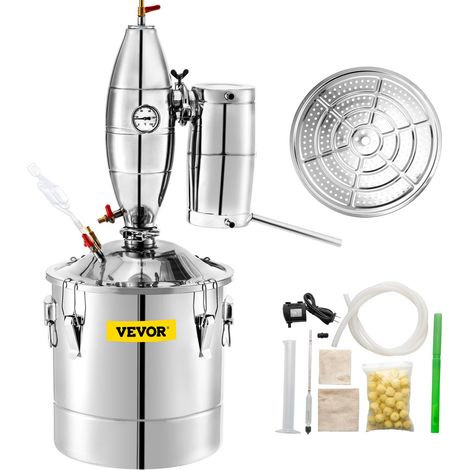 Distillateur d'Eau 50L Alambic Équipement de Distillation Acier Inox Kit Fermenteur 12,5kg Riz Cylindre Gradué 100ml Thermomètre Grand Réservoir pour Fermentation Boissons Sauce de Soja 40x40cm (1/5)
