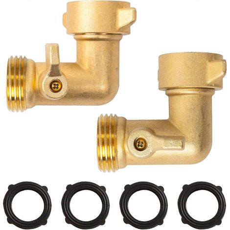 Adaptateur de tuyau d'arrosage à 90 degrés avec vannes d'arrêt, laiton massif 3/4" (1/5)